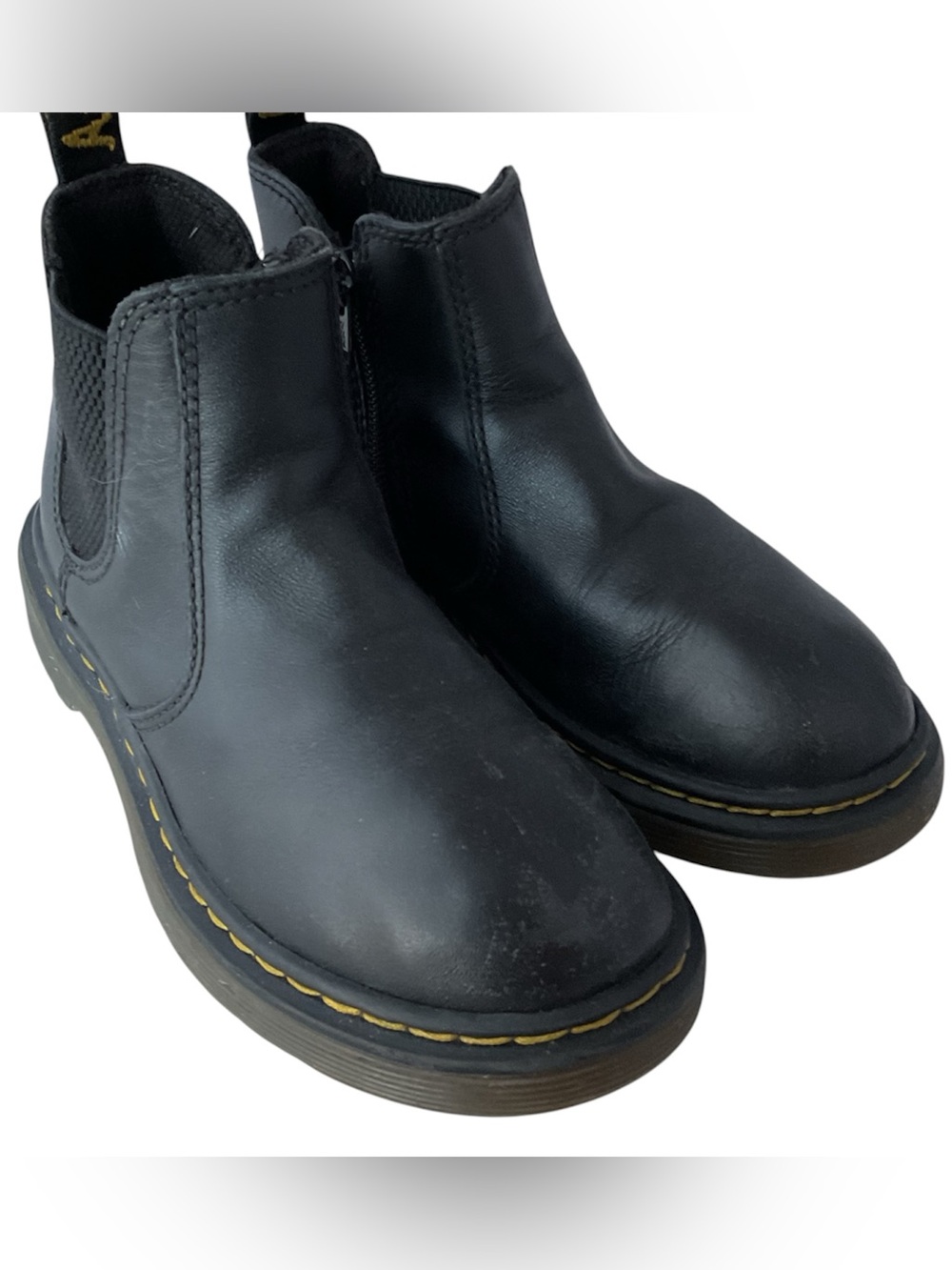 Dr. Martens Black Leather Kids Chelsea Boots with Yellow Stitching